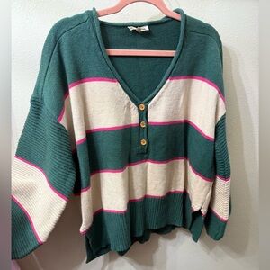 Entro V-Neck Sweater in Green, Cream, and Pink